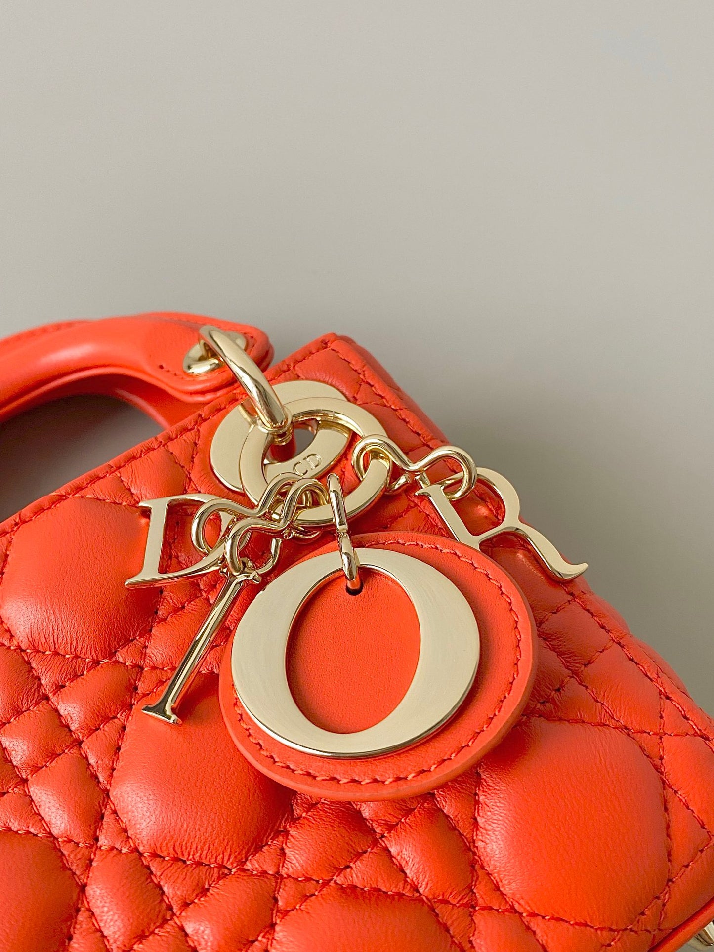 Dior Lady Dior Mini Chain Bag With Chain In Orange Calfskin