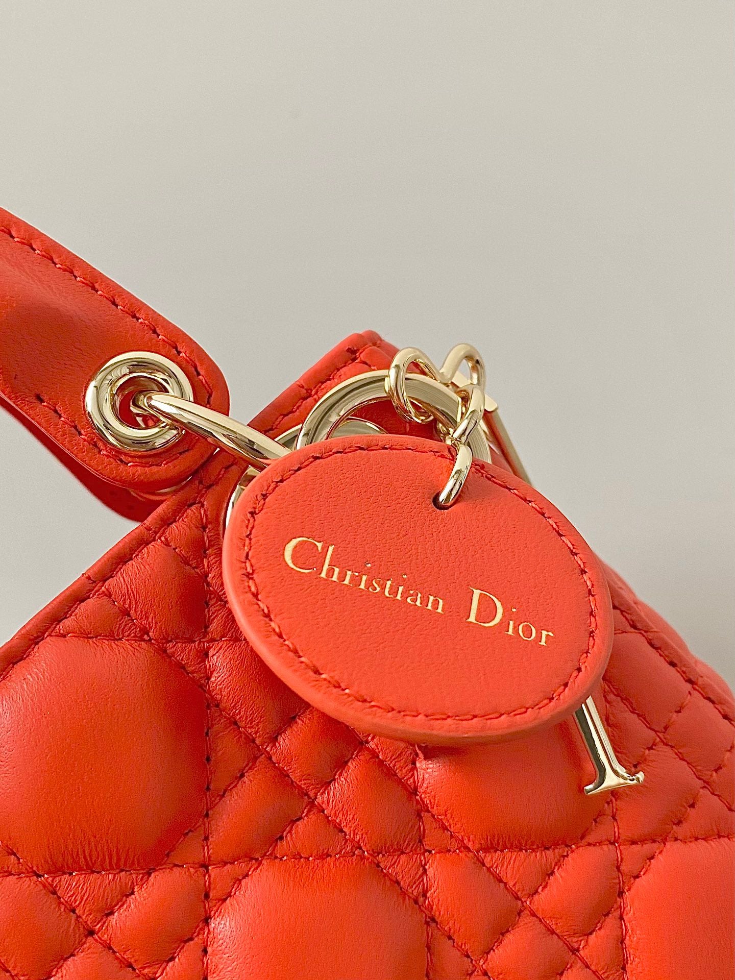 Dior Lady Dior Mini Chain Bag With Chain In Orange Calfskin