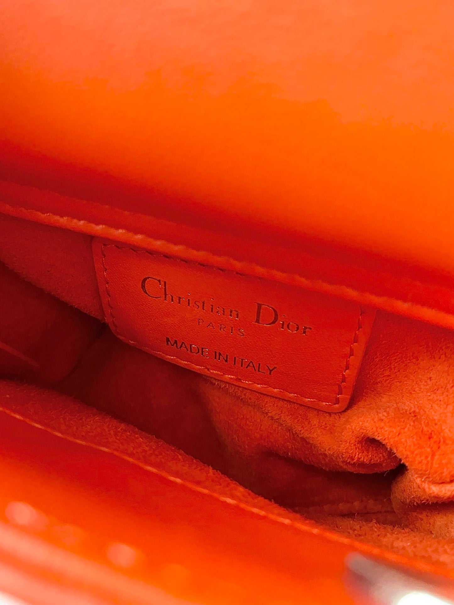 Dior Lady Dior Mini Chain Bag With Chain In Orange Calfskin