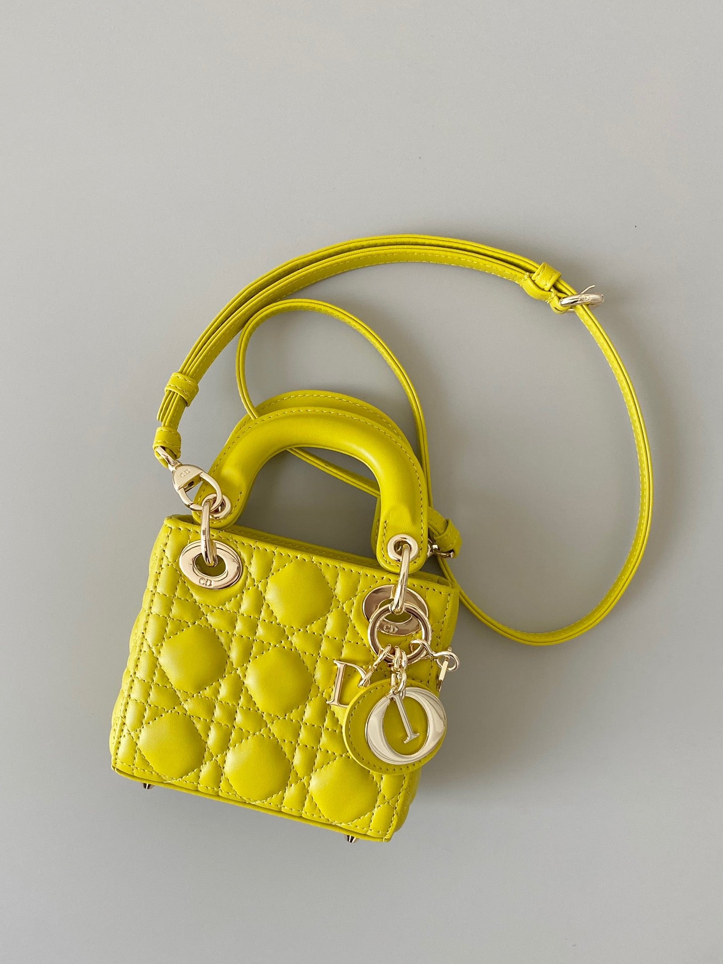 Dior Lady Dior Mini Chain Bag With Chain In Yellow Calfskin