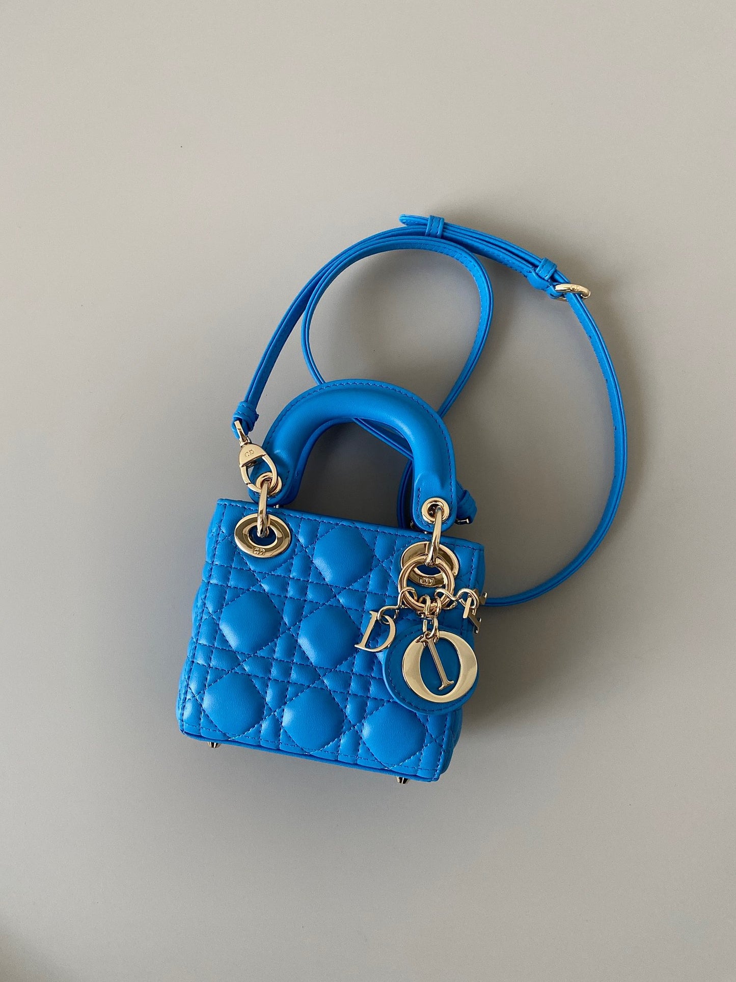 Dior Lady Dior Mini Chain Bag With Chain In Blue Calfskin