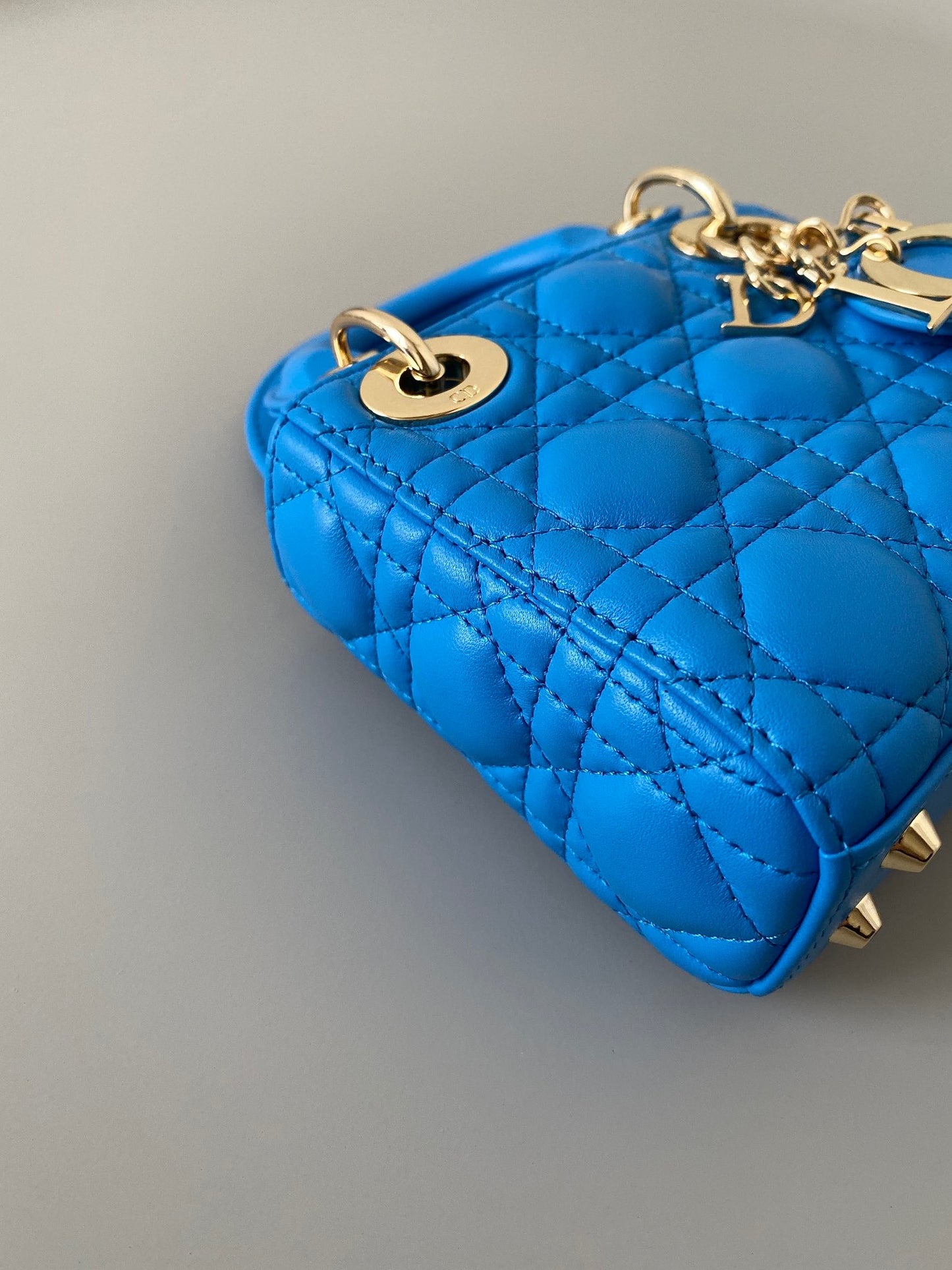 Dior Lady Dior Mini Chain Bag With Chain In Blue Calfskin