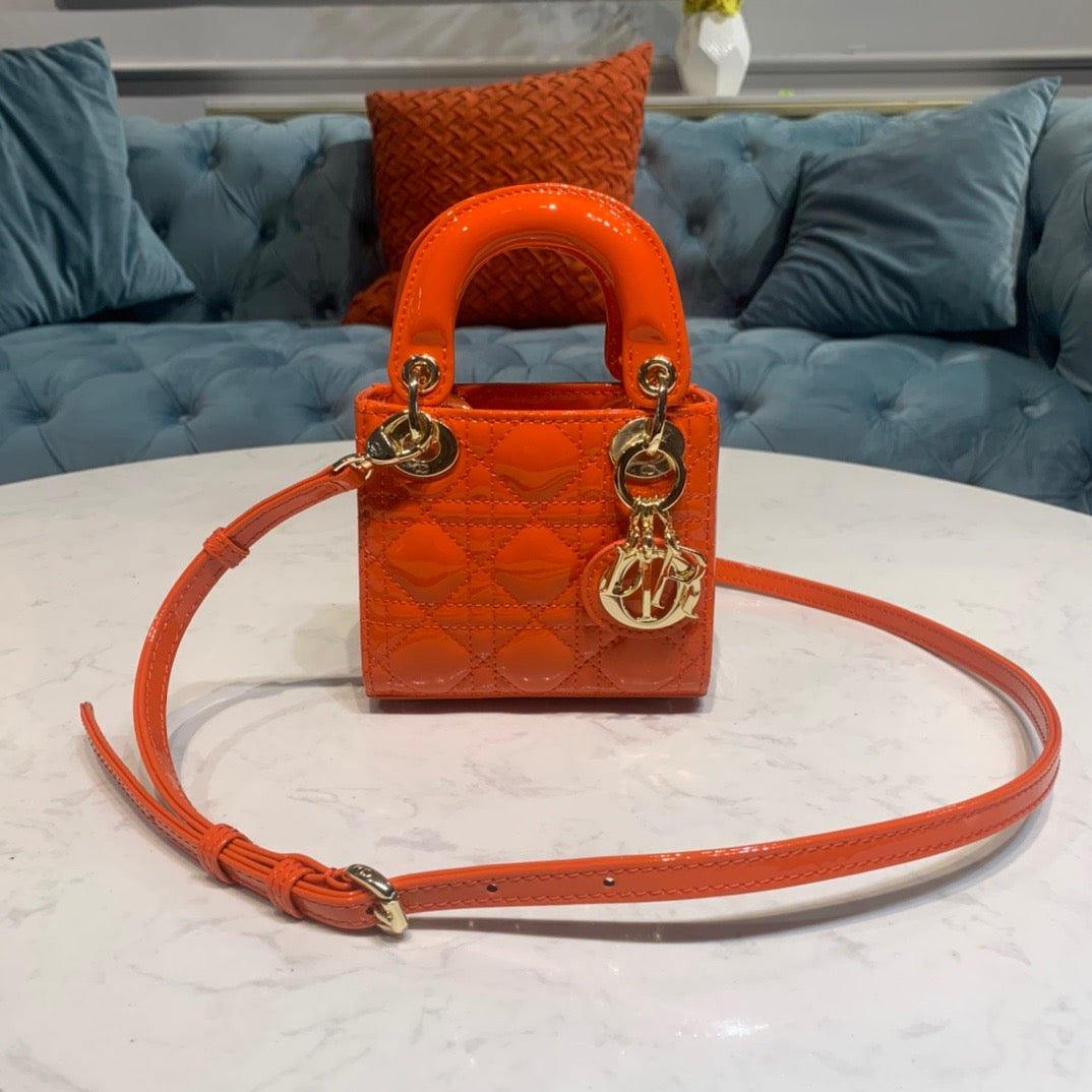 Dior Lady Dior Micro Bag In Orange Patent Cannage Calfskin