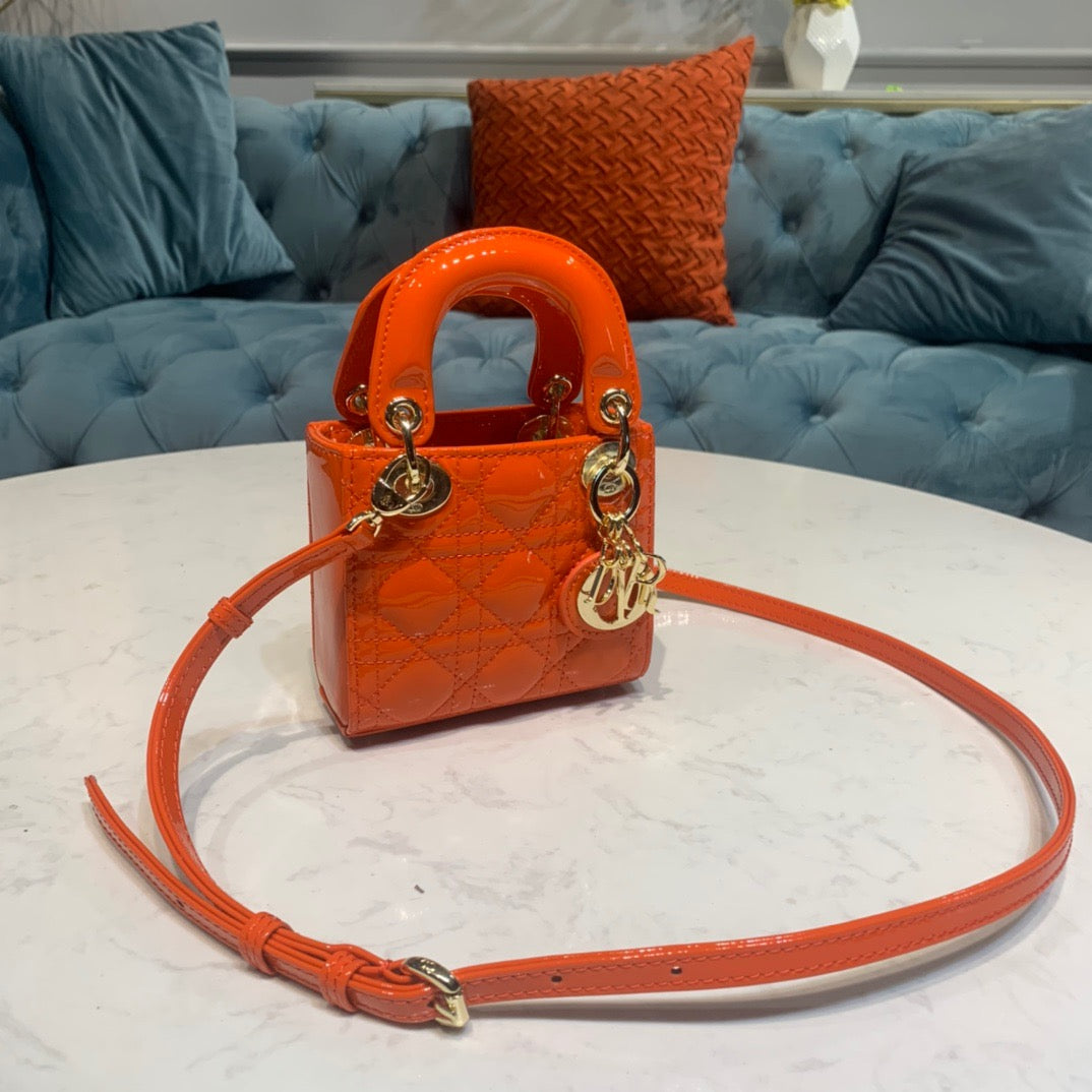 Dior Lady Dior Mini Chain Bag with Chain in Orange Patent Calfskin