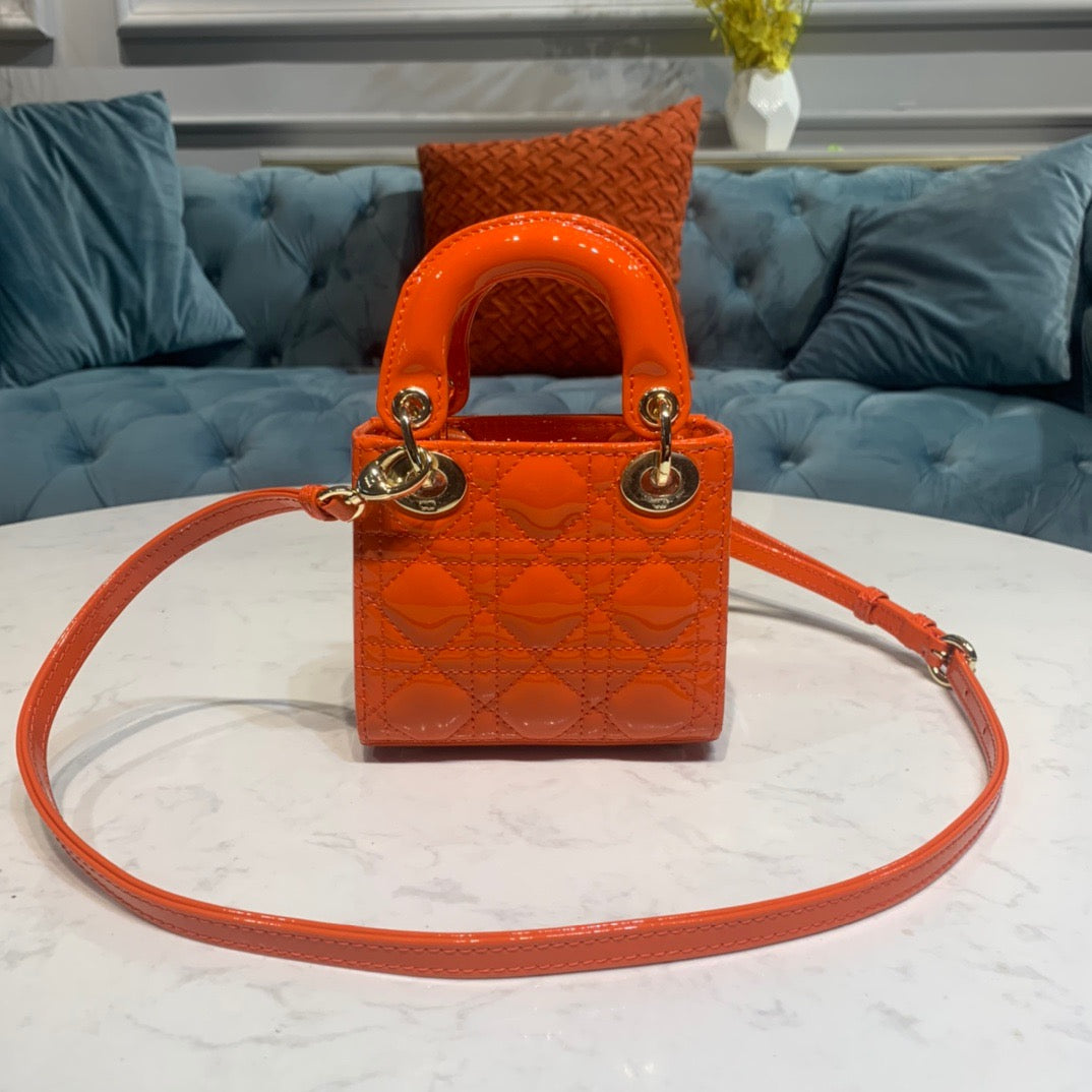 Dior Lady Dior Mini Chain Bag with Chain in Orange Patent Calfskin