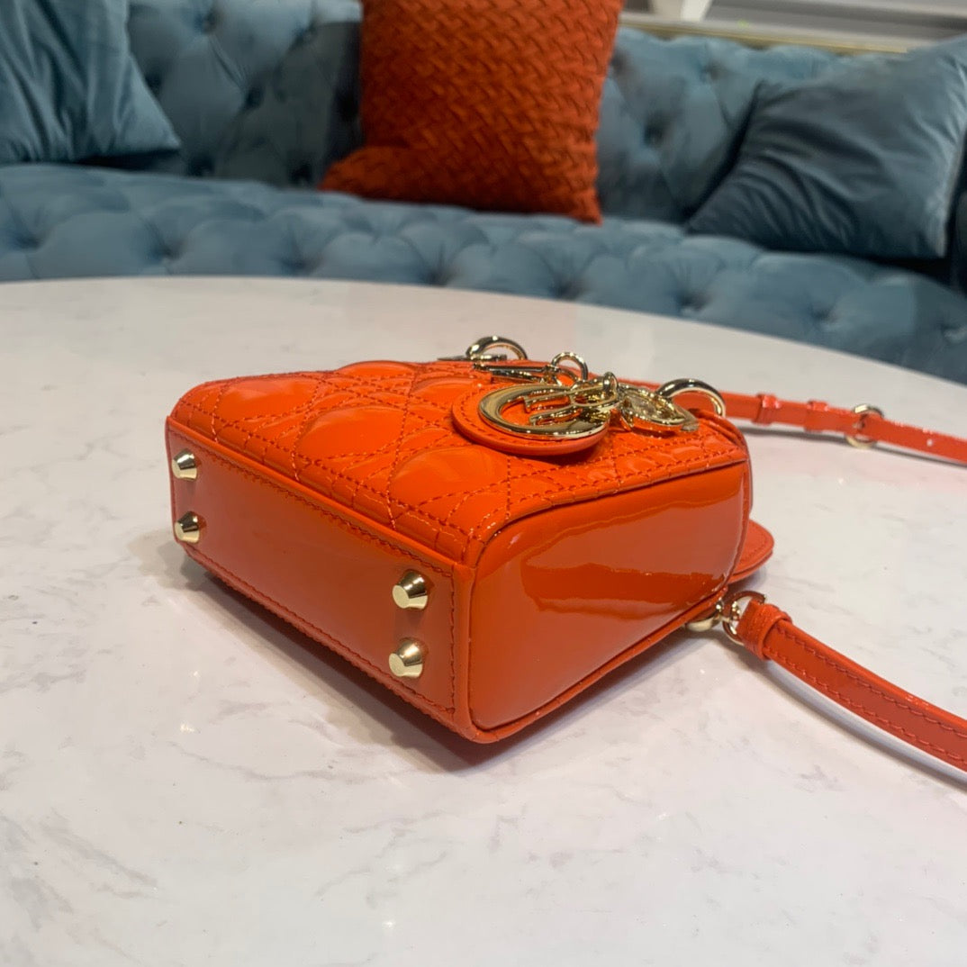 Dior Lady Dior Mini Chain Bag with Chain in Orange Patent Calfskin