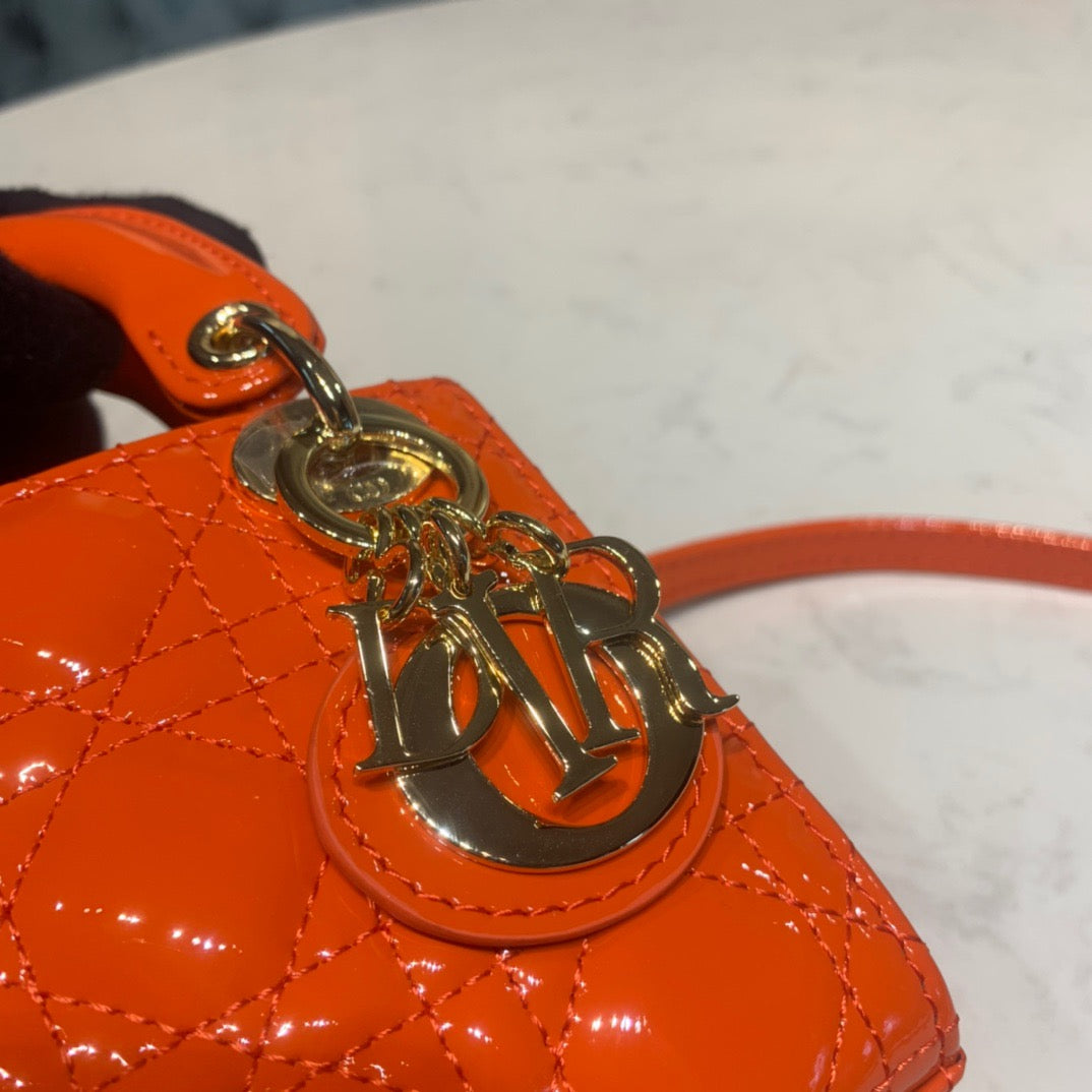 Dior Lady Dior Mini Chain Bag with Chain in Orange Patent Calfskin