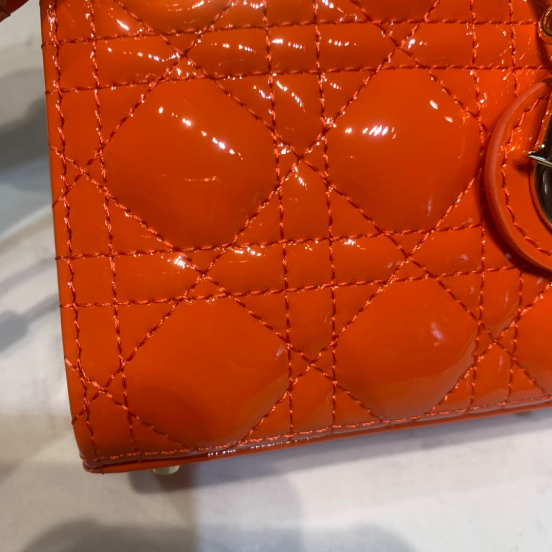 Dior Lady Dior Mini Chain Bag with Chain in Orange Patent Calfskin