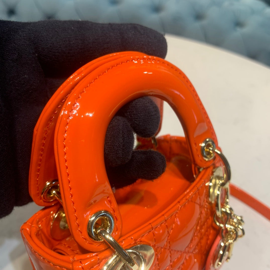 Dior Lady Dior Mini Chain Bag with Chain in Orange Patent Calfskin