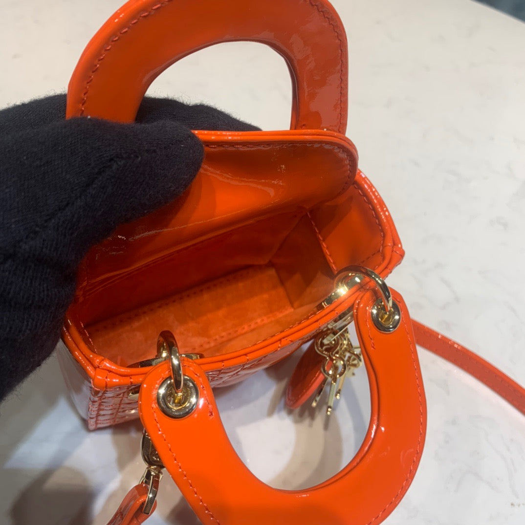 Dior Lady Dior Mini Chain Bag with Chain in Orange Patent Calfskin