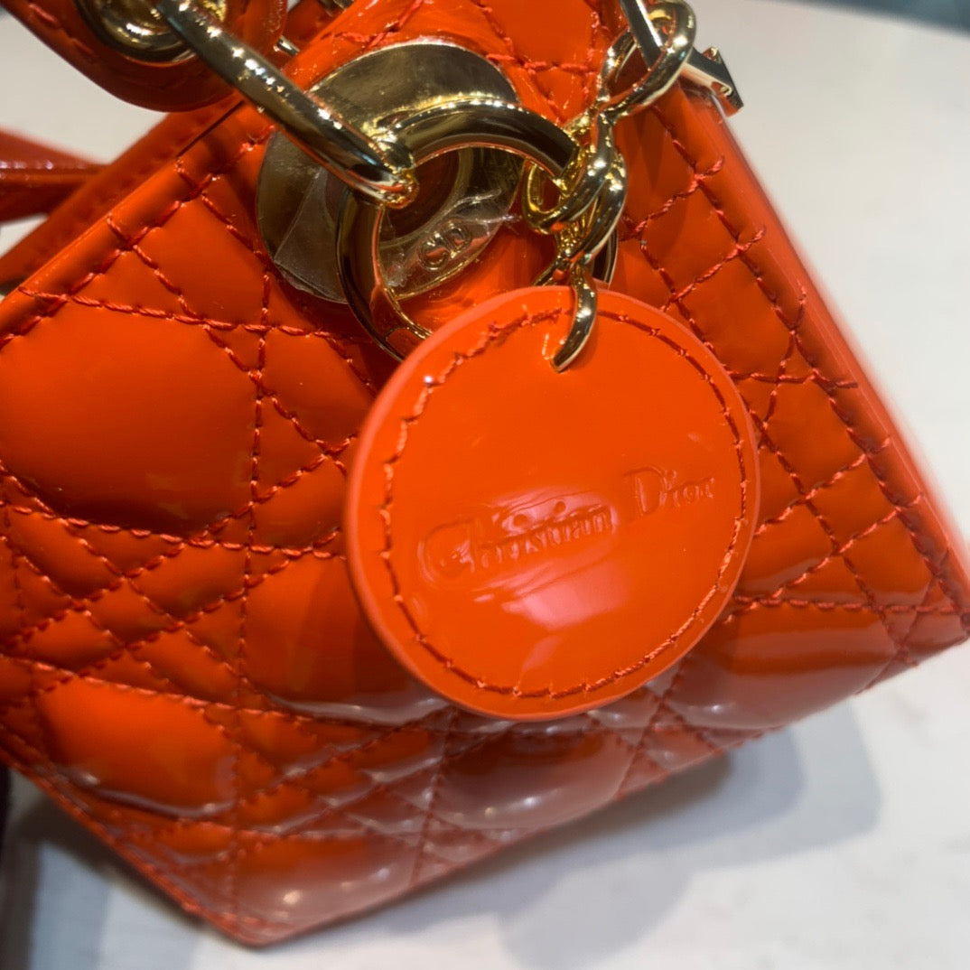 Dior Lady Dior Mini Chain Bag with Chain in Orange Patent Calfskin