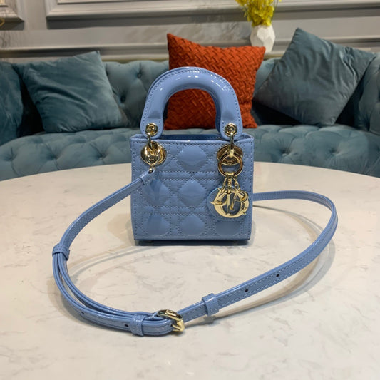 Dior Lady Dior Micro Bag In Blue Patent Cannage Calfskin