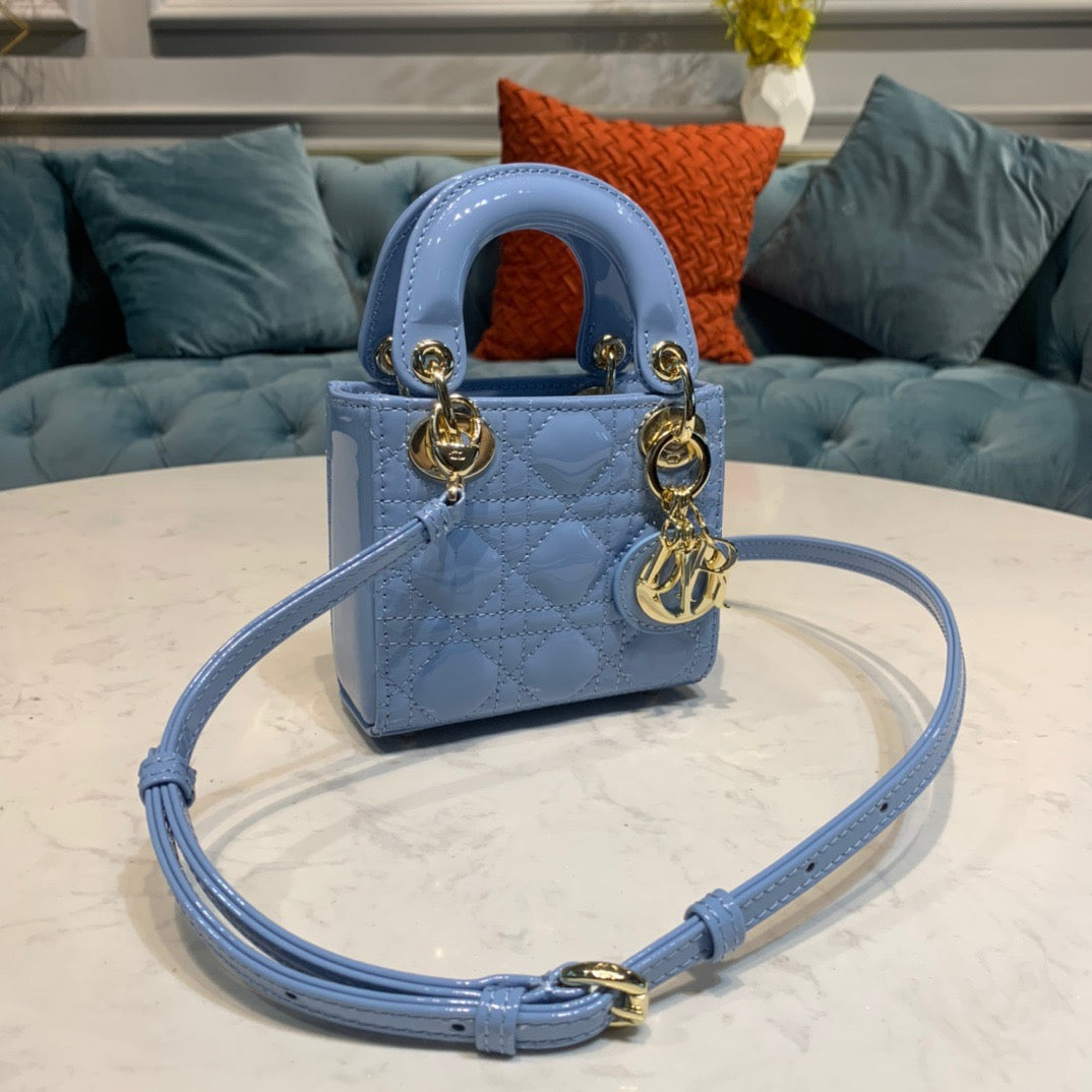 Dior Lady Dior Mini Chain Bag with Chain in Light Blue Patent Calfskin