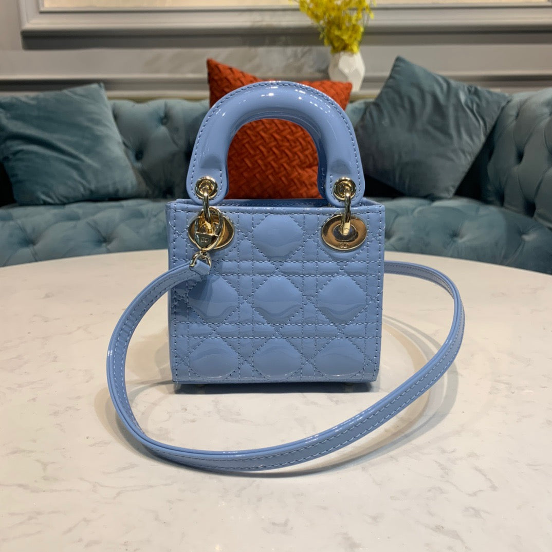 Dior Lady Dior Mini Chain Bag with Chain in Light Blue Patent Calfskin