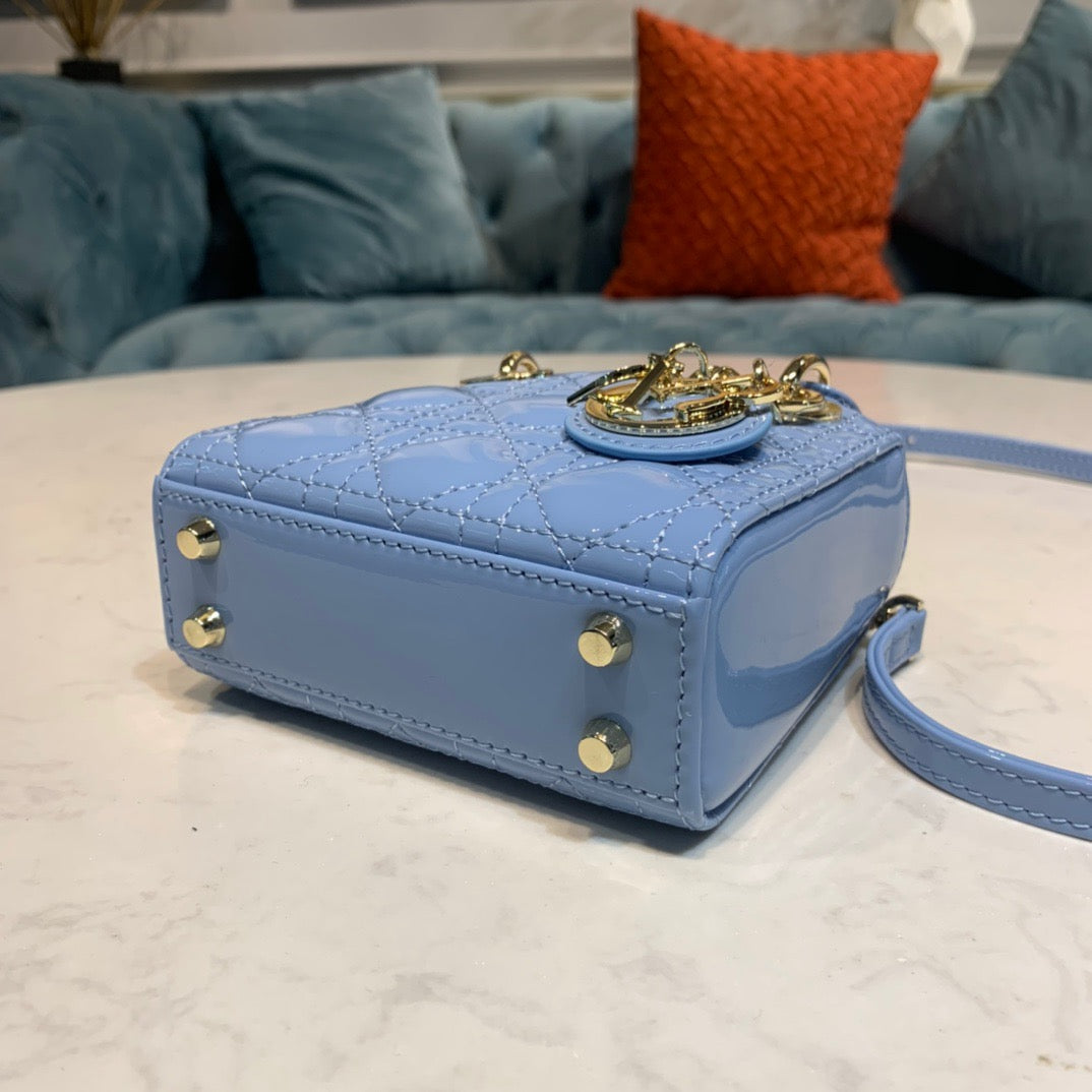 Dior Lady Dior Mini Chain Bag with Chain in Light Blue Patent Calfskin