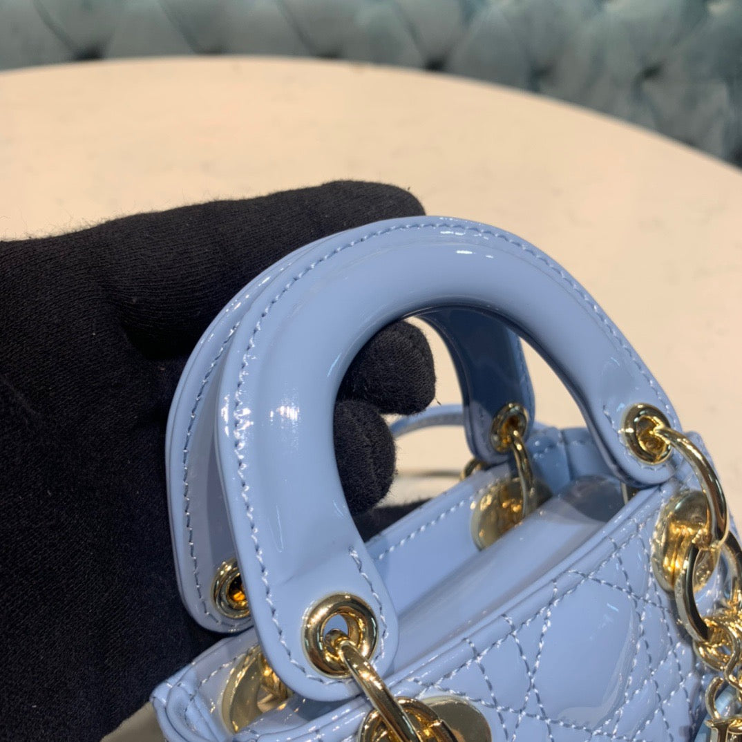 Dior Lady Dior Mini Chain Bag with Chain in Light Blue Patent Calfskin