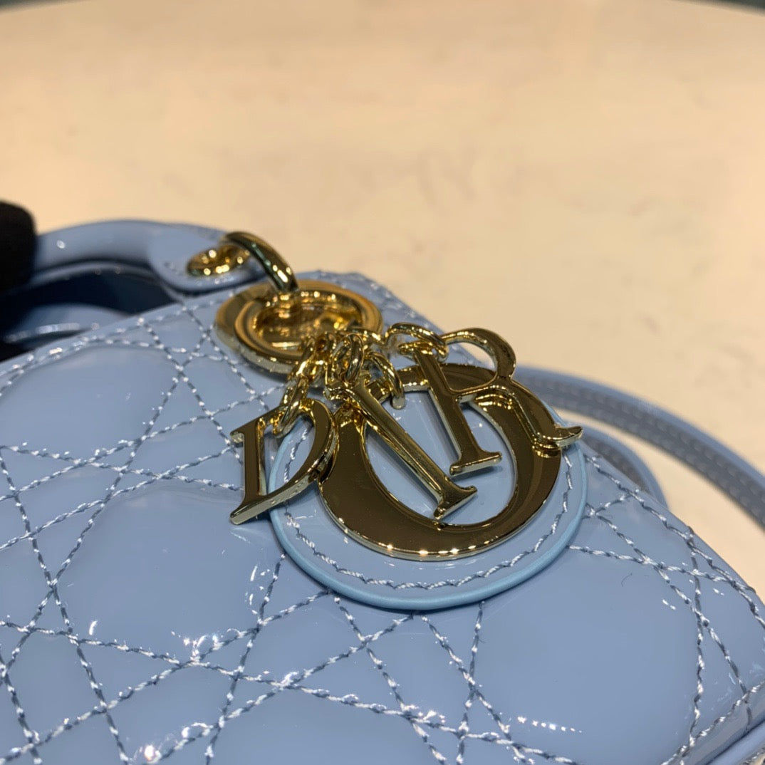 Dior Lady Dior Mini Chain Bag with Chain in Light Blue Patent Calfskin