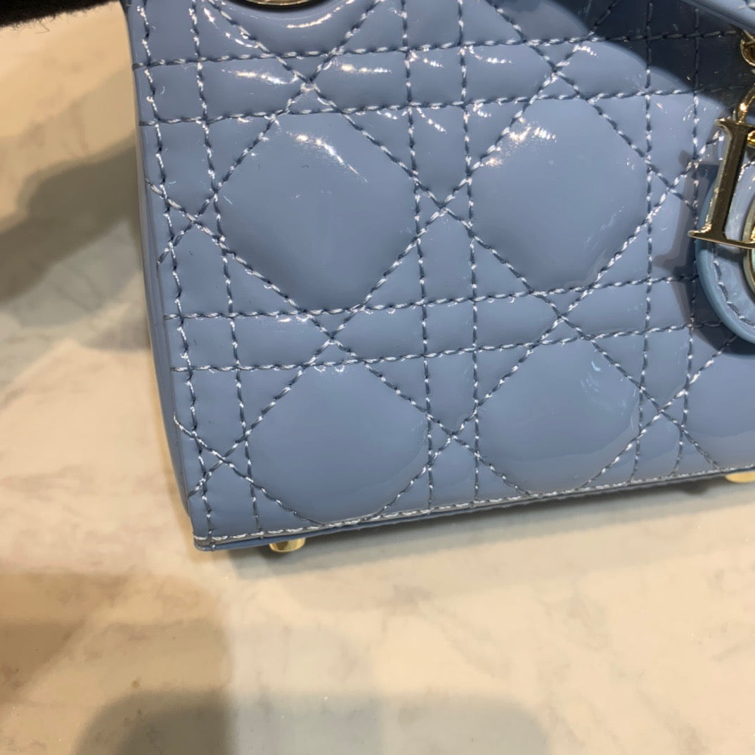 Dior Lady Dior Mini Chain Bag with Chain in Light Blue Patent Calfskin