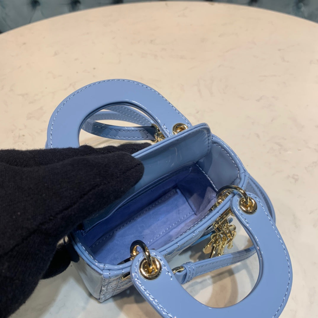 Dior Lady Dior Mini Chain Bag with Chain in Light Blue Patent Calfskin