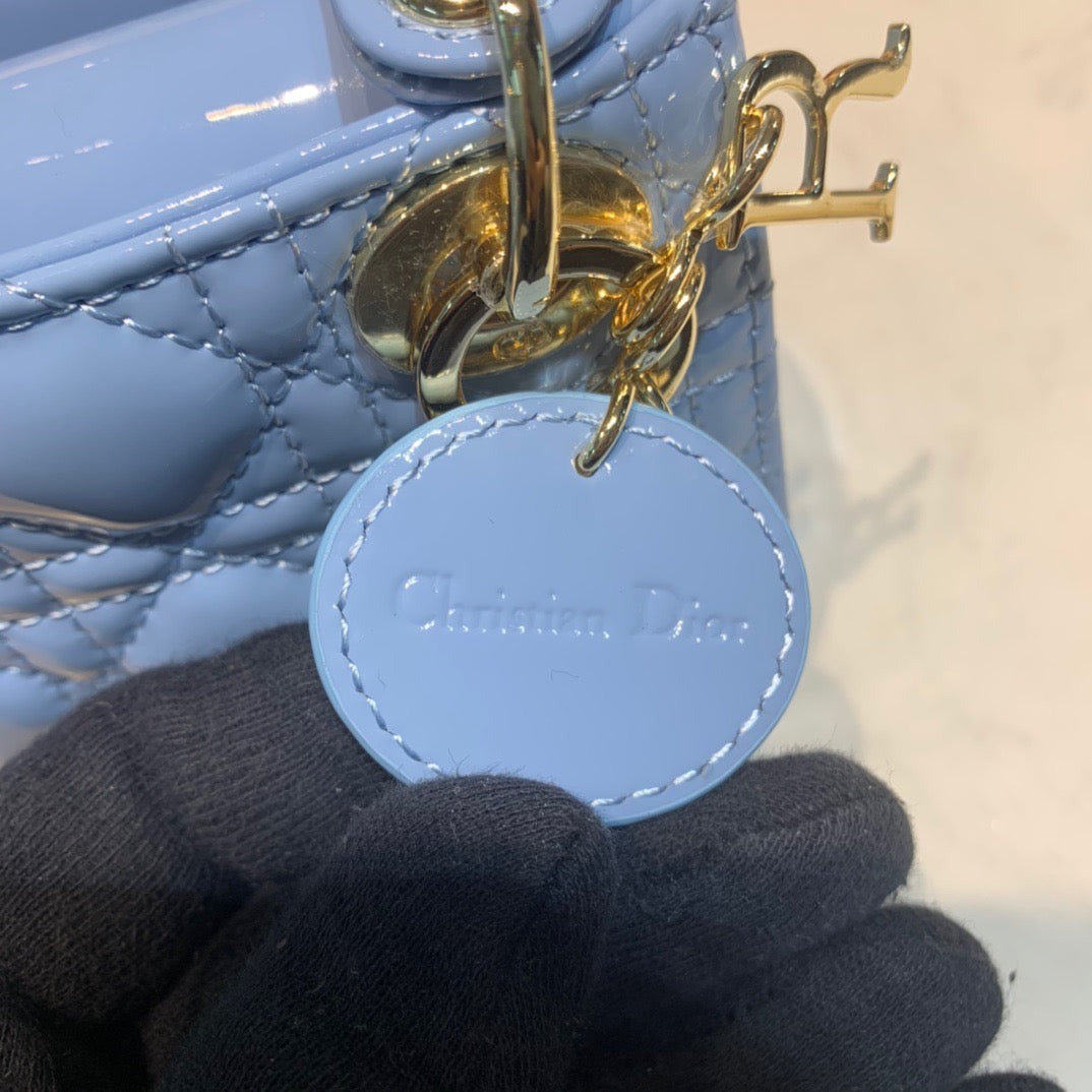 Dior Lady Dior Mini Chain Bag with Chain in Light Blue Patent Calfskin