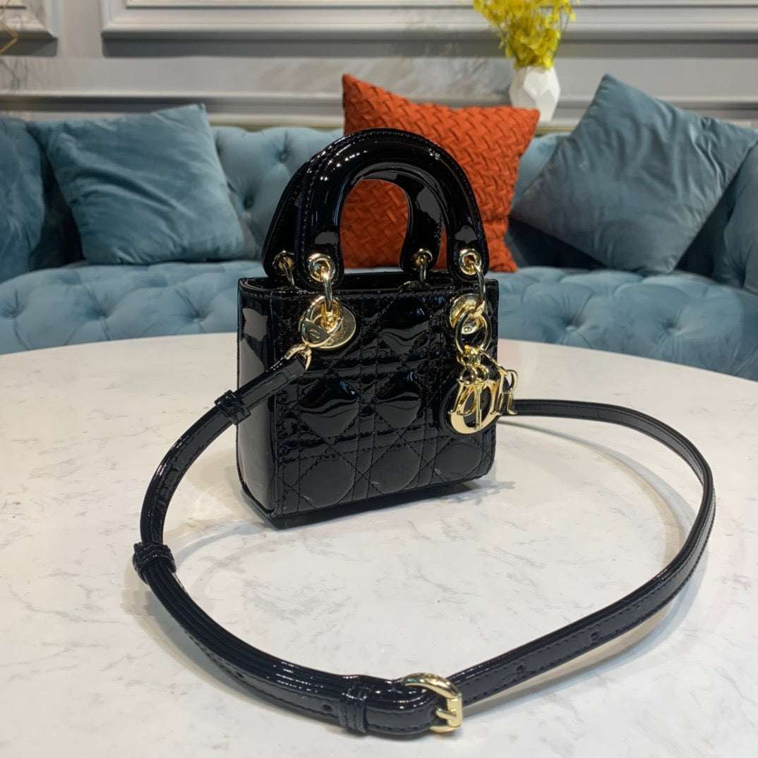 Dior Lady Dior Mini Chain Bag with Chain in Black Patent Calfskin