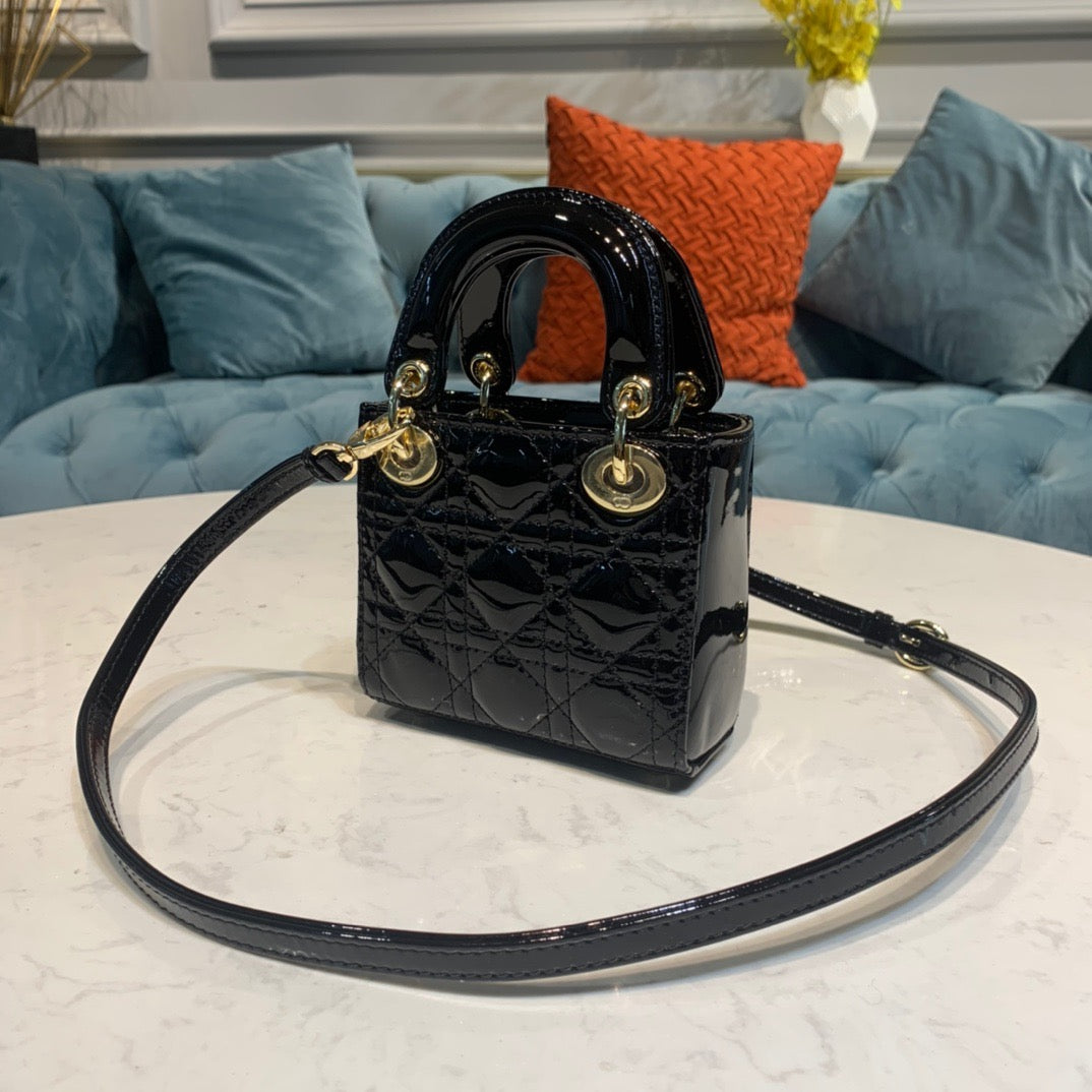 Dior Lady Dior Mini Chain Bag with Chain in Black Patent Calfskin