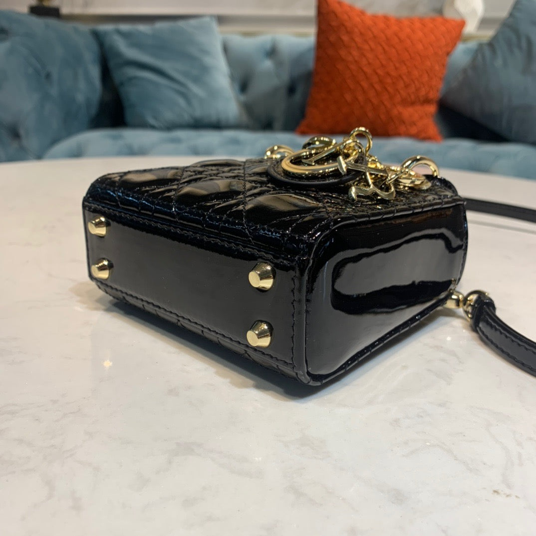 Dior Lady Dior Micro Bag In Black Patent Cannage Calfskin