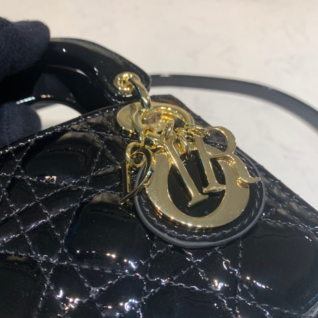 Dior Lady Dior Mini Chain Bag with Chain in Black Patent Calfskin