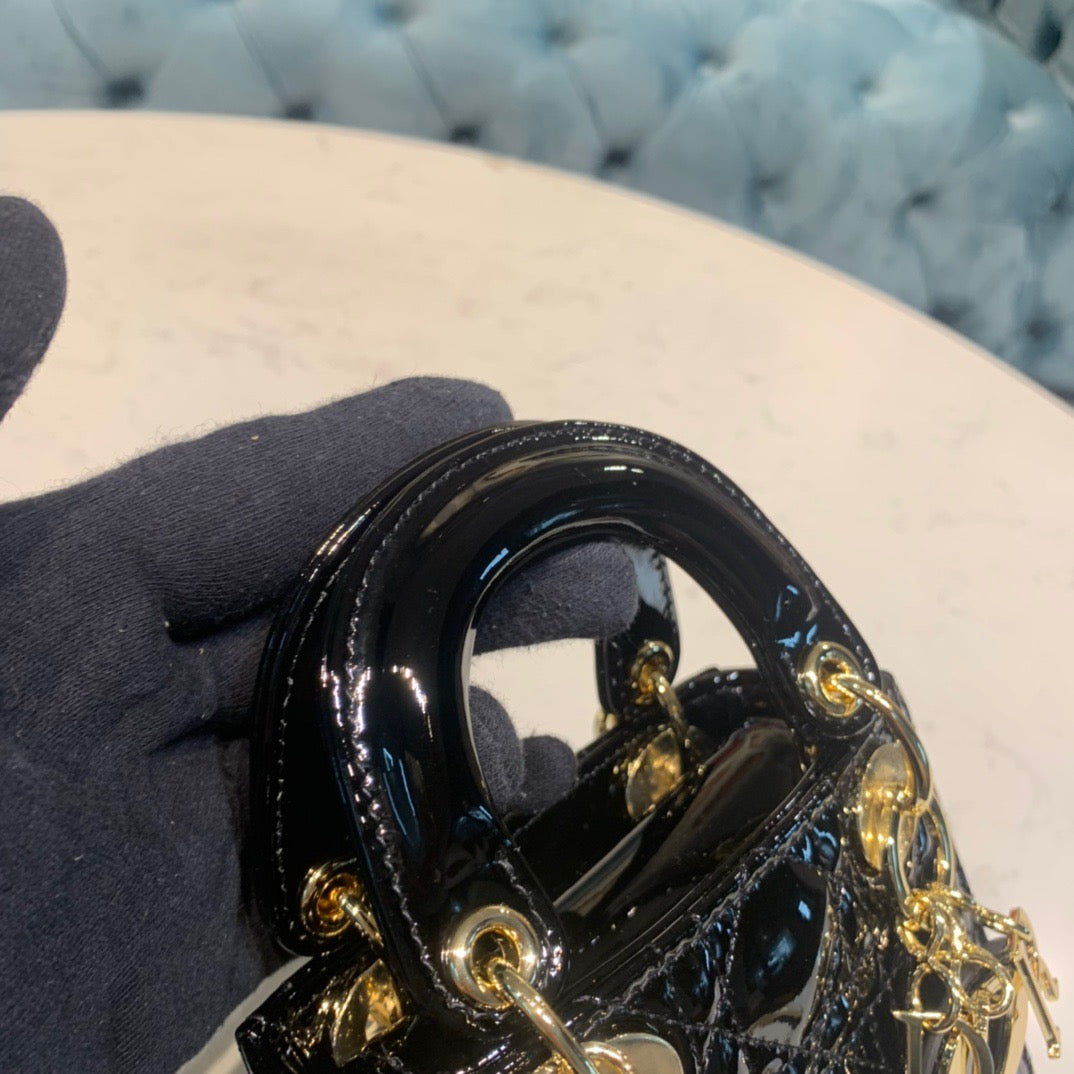 Dior Lady Dior Micro Bag In Black Patent Cannage Calfskin