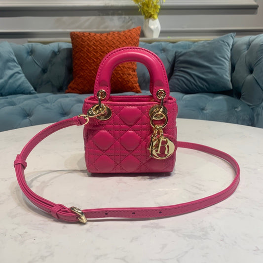 Dior Lady Dior Micro Bag In Rose Red Cannage Calfskin