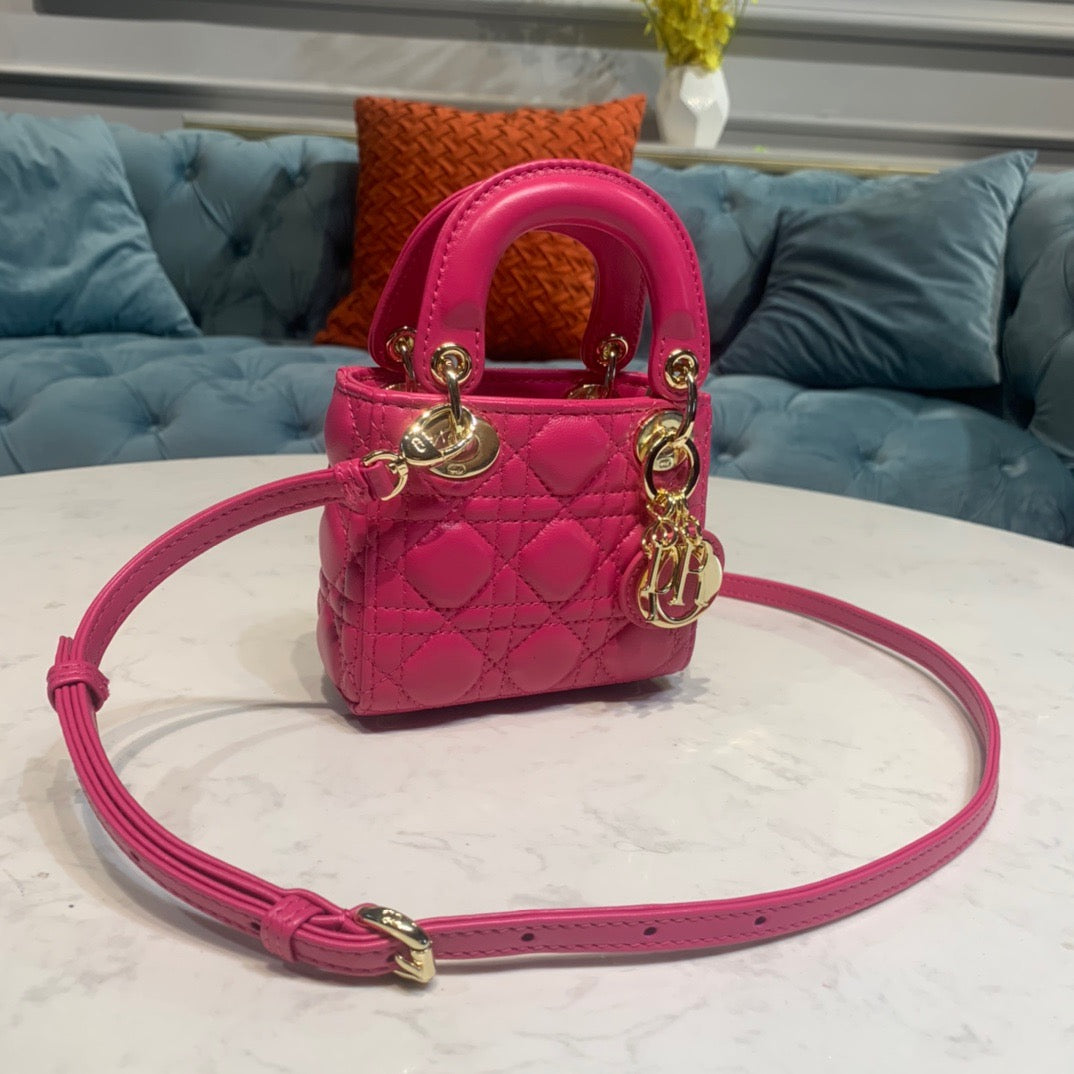 Dior Lady Dior Mini Chain Bag with Chain in Rose Red Patent Calfskin