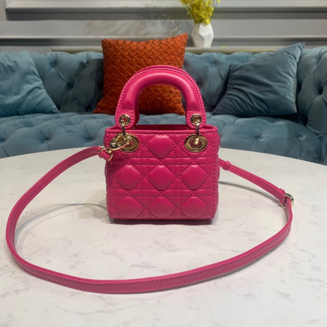 Dior Lady Dior Mini Chain Bag with Chain in Rose Red Patent Calfskin