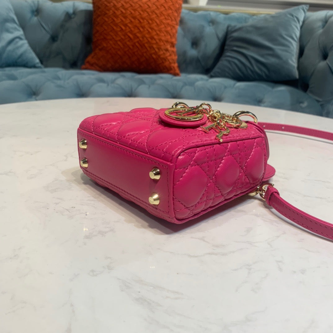 Dior Lady Dior Mini Chain Bag with Chain in Rose Red Patent Calfskin