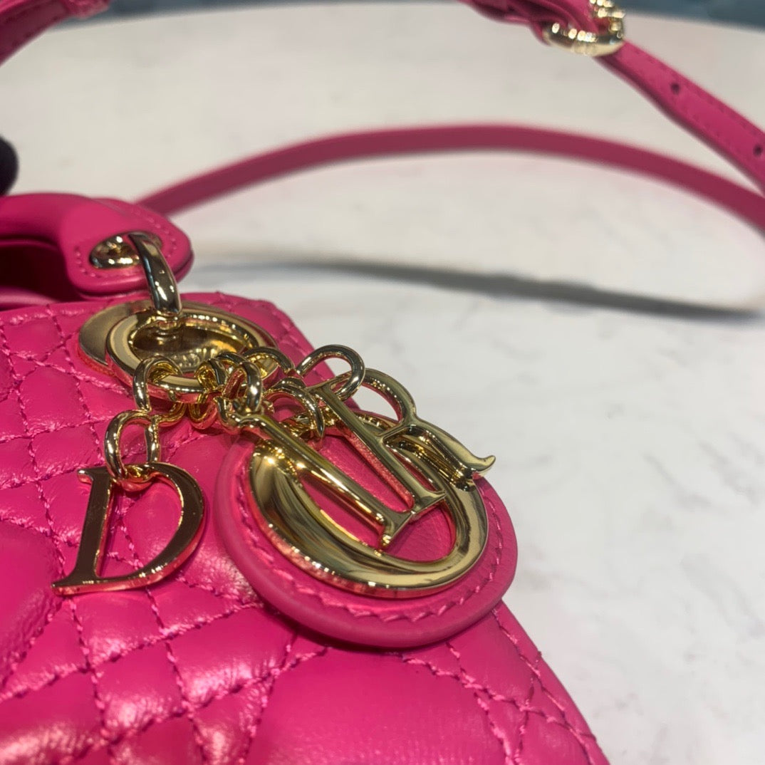 Dior Lady Dior Mini Chain Bag with Chain in Rose Red Patent Calfskin