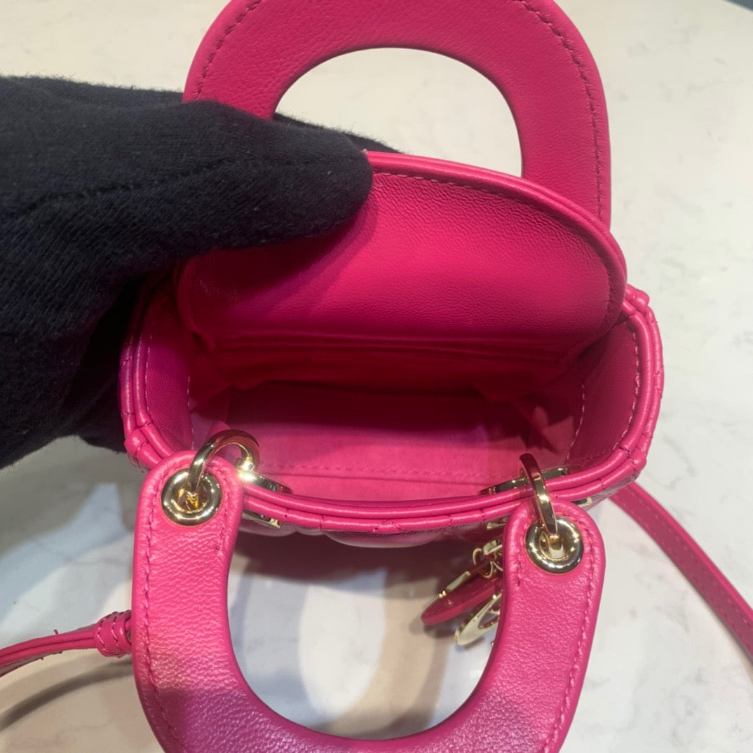 Dior Lady Dior Micro Bag In Rose Red Cannage Calfskin