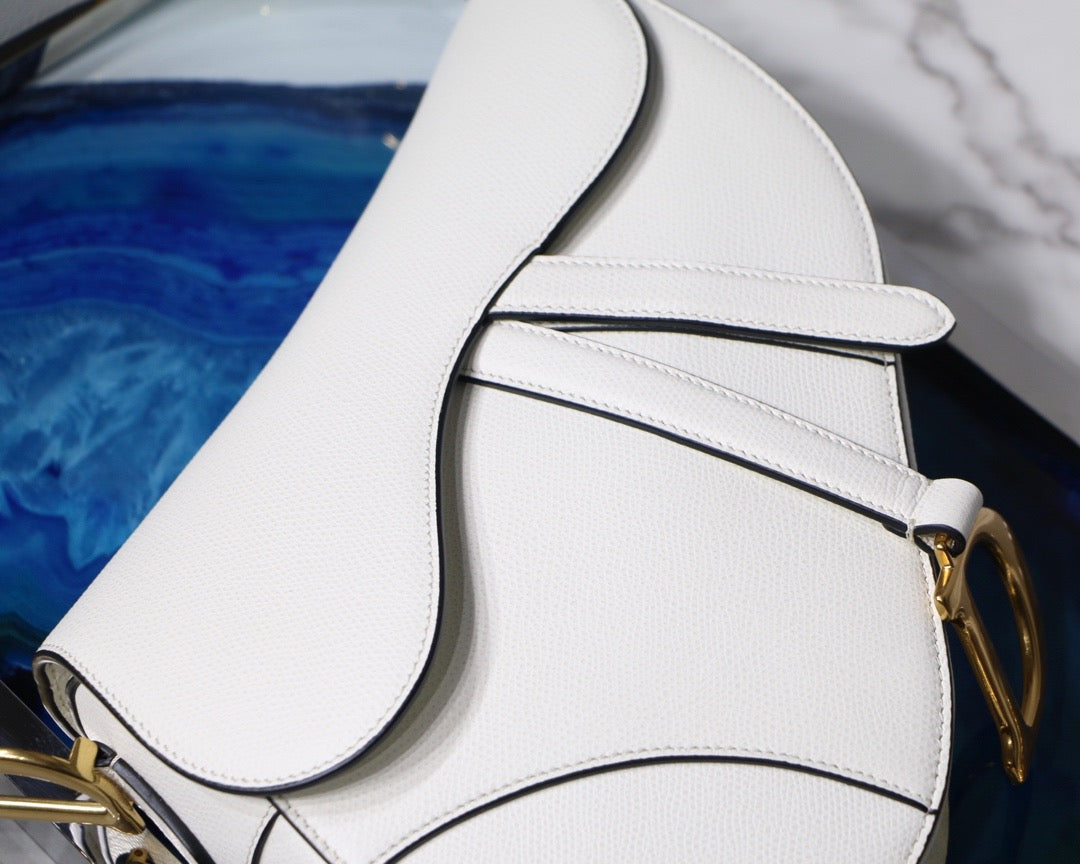 Dior Saddle Bag with Strap in White Grained Calfskin