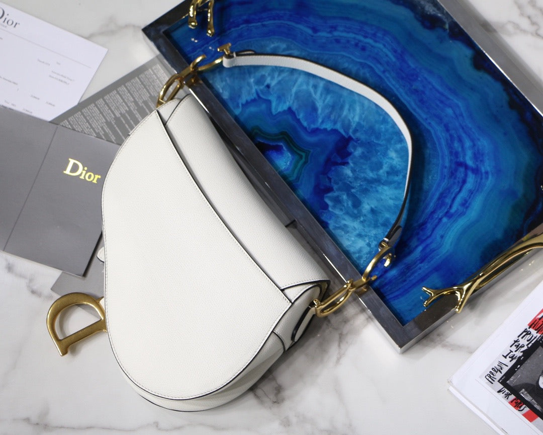 Dior Saddle Bag with Strap in White Grained Calfskin