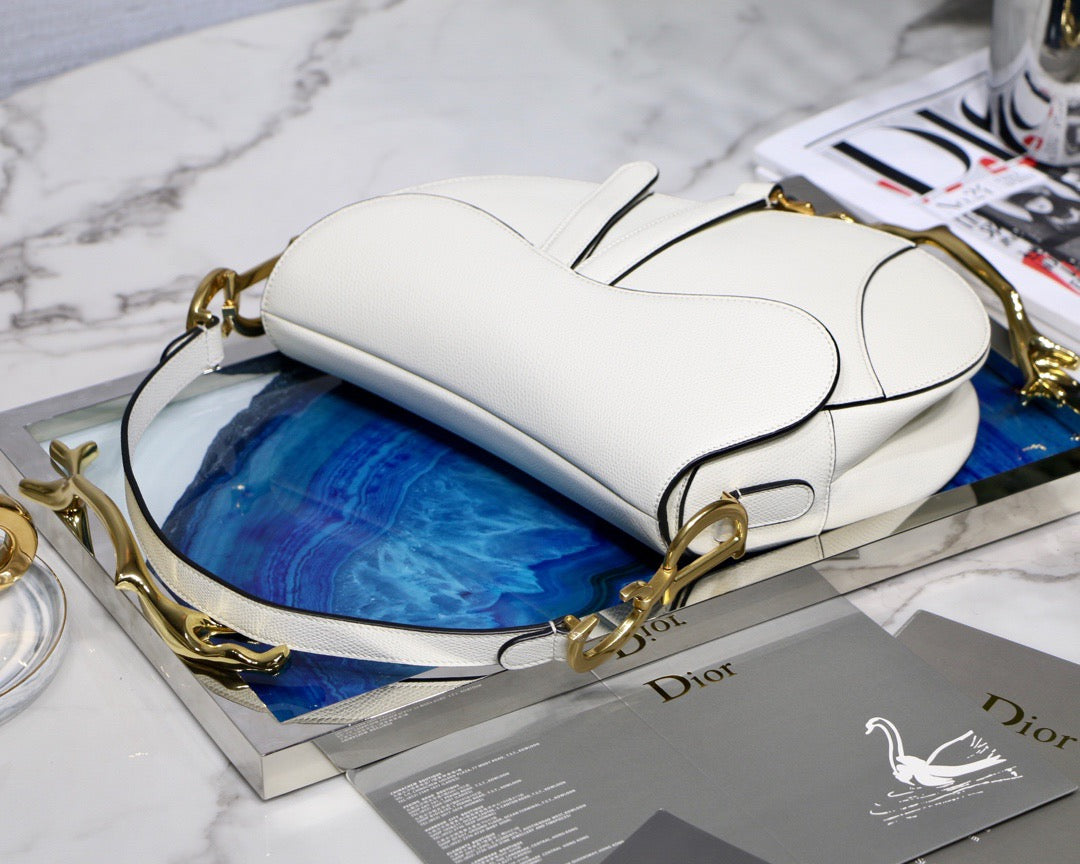 Dior Saddle Bag with Strap in White Grained Calfskin