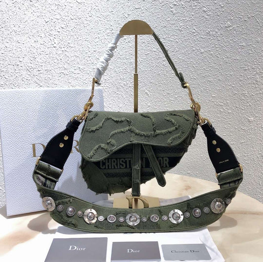 Dior Saddle Bag With Strap In Embroidered Army Green