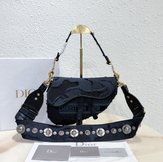 Dior Saddle Bag With Strap In Embroidered Dark Blue