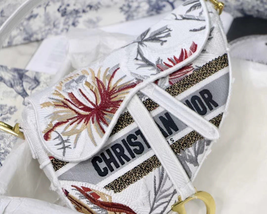 Dior Saddle Bag With Strap In White With Floral Embroidery