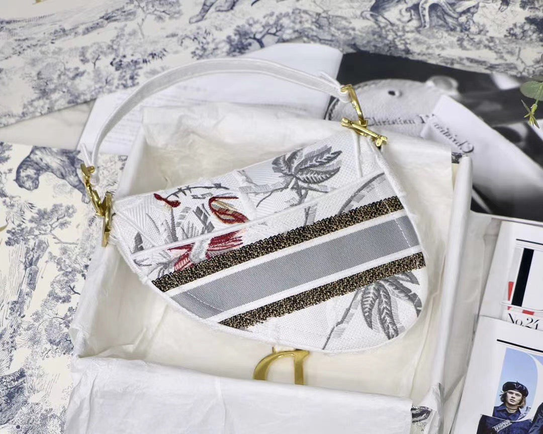 Dior Saddle Bag With Strap In White With Floral Embroidery