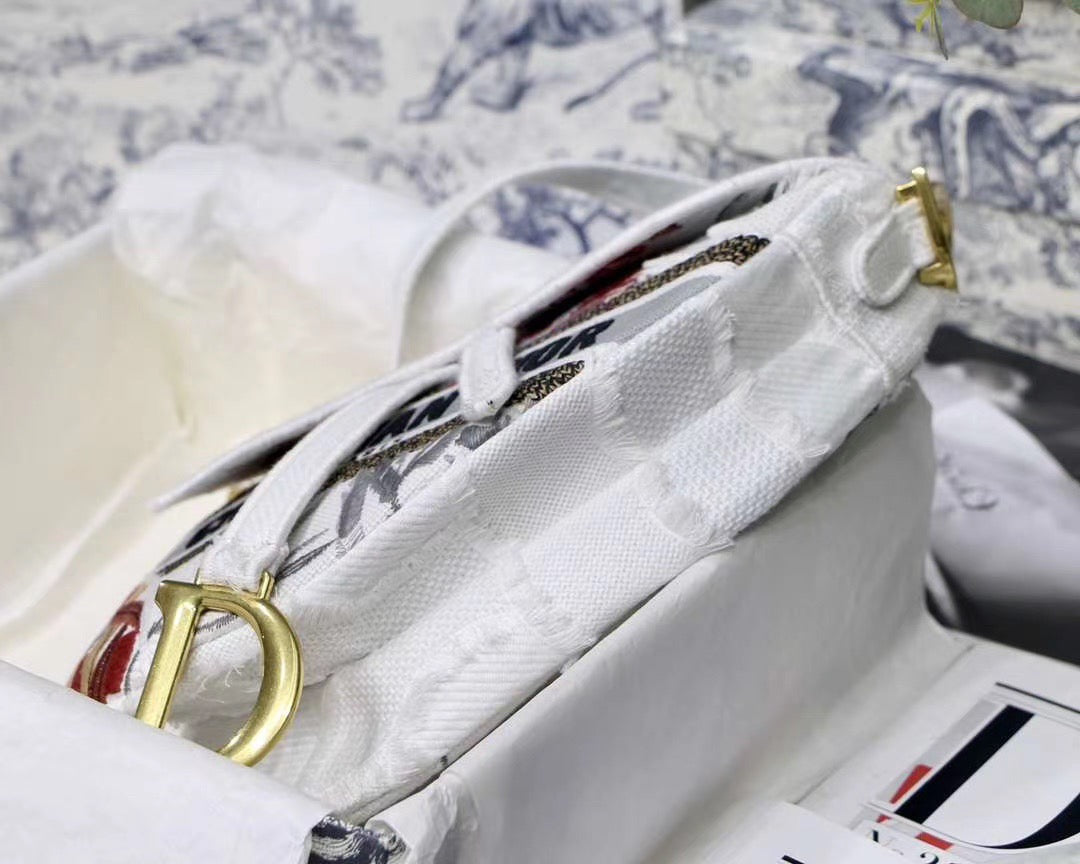 Dior Saddle Bag With Strap In White With Floral Embroidery