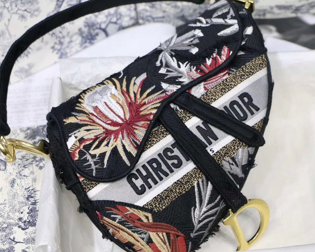 Dior Saddle Bag In Black With Floral Embroidery