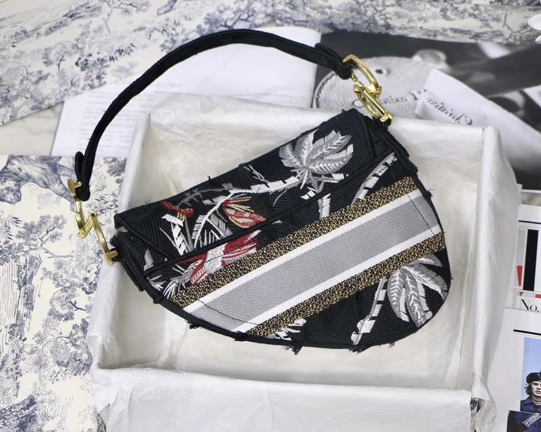 Dior Saddle Bag In Black With Floral Embroidery