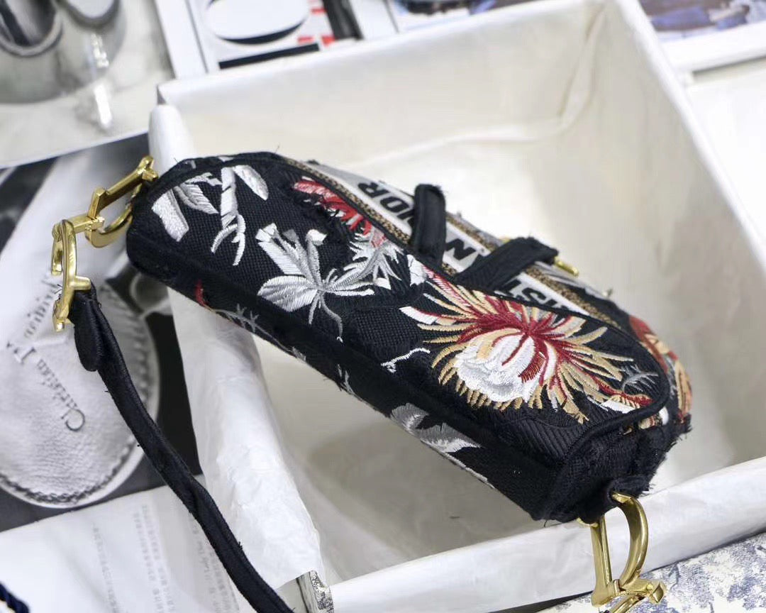 Dior Saddle Bag In Black With Floral Embroidery