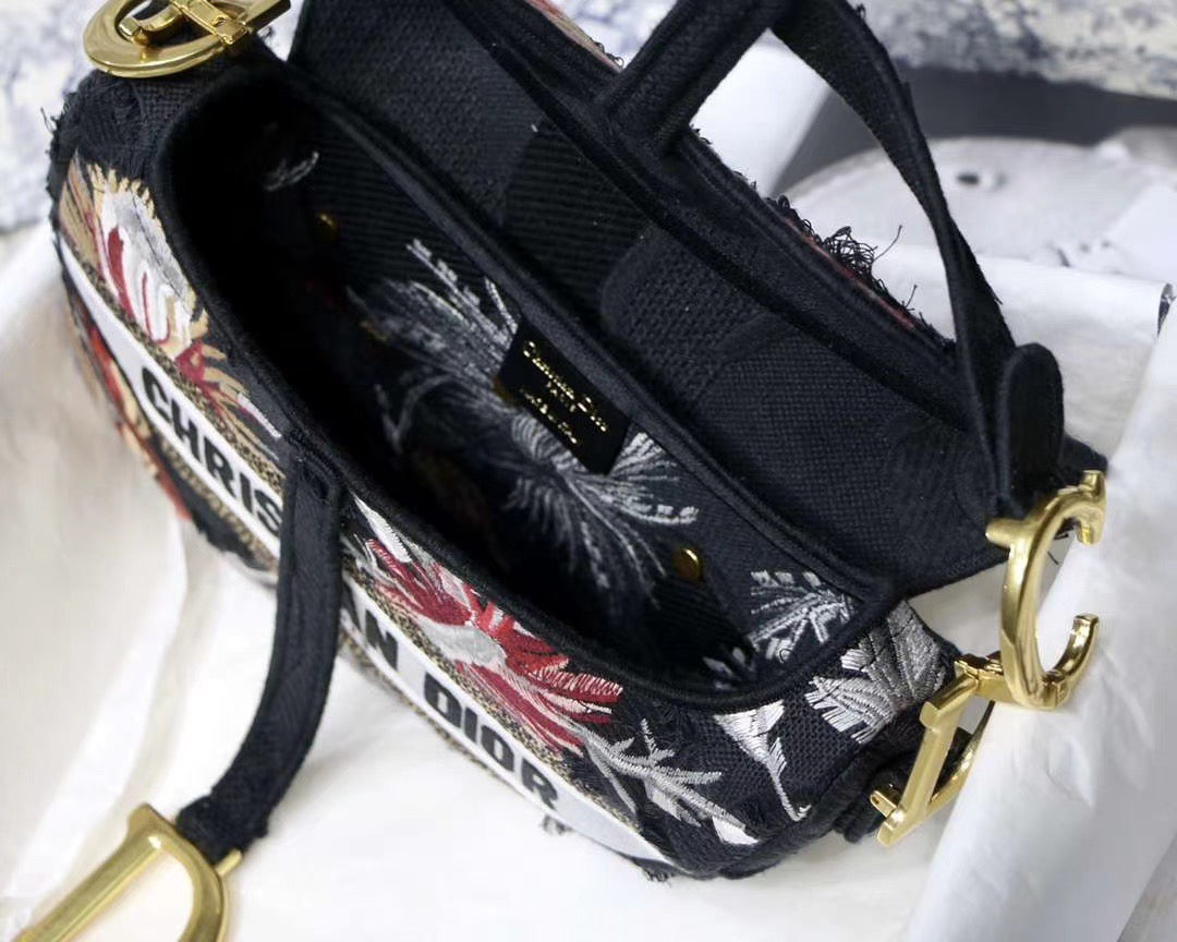 Dior Saddle Bag In Black With Floral Embroidery