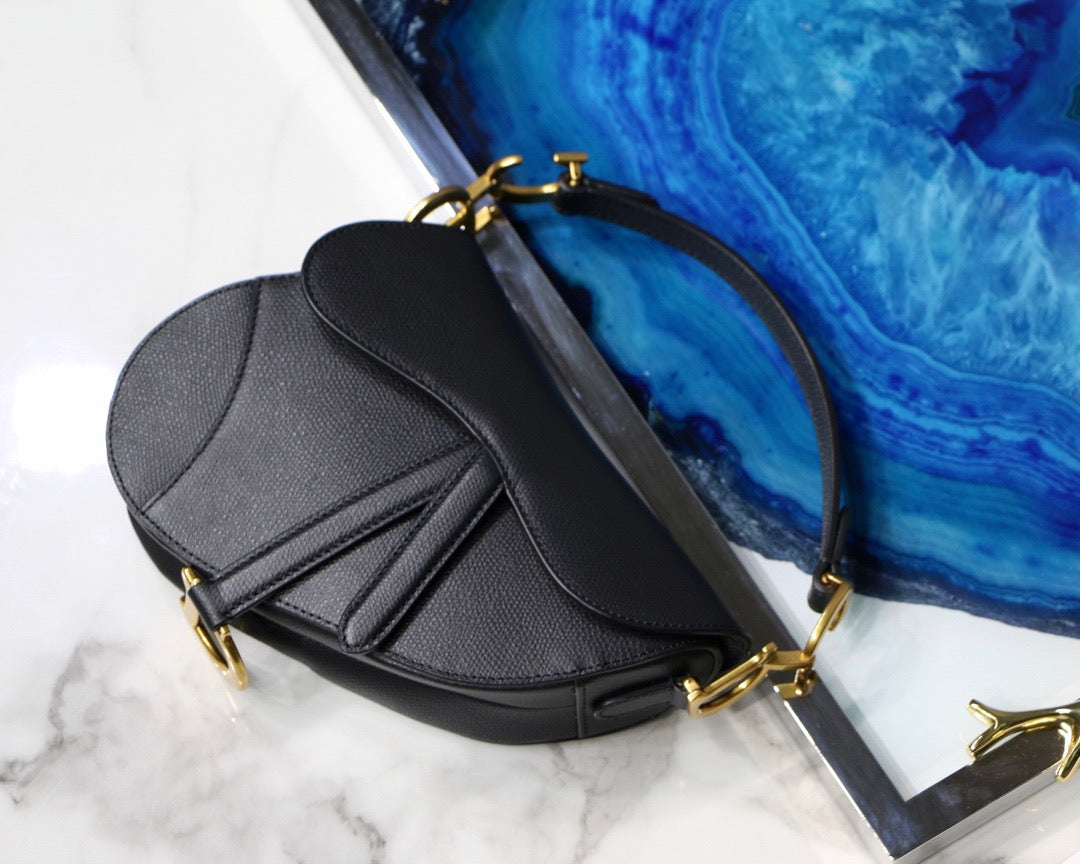 Dior Saddle Bag with Strap in Black Grained Calfskin