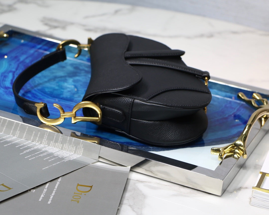 Dior Saddle Bag with Strap in Black Grained Calfskin