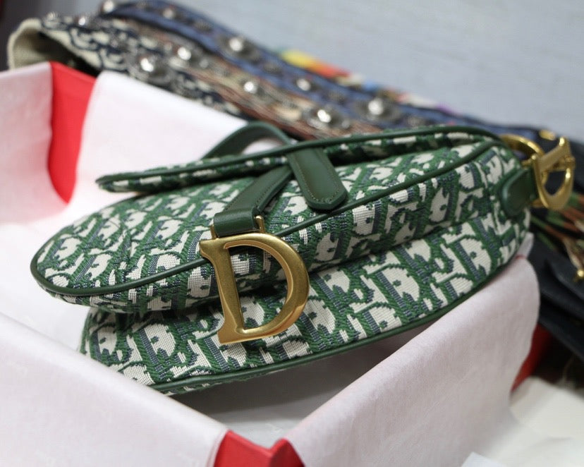 Dior Saddle Bag with Strap in Green Oblique Jacquard